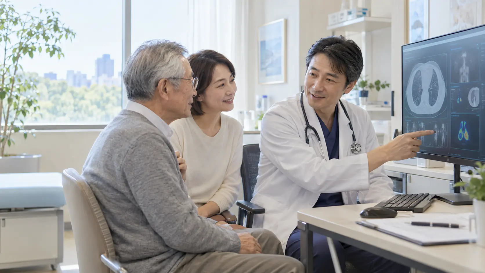 診察室で医師がAIによる医療画像の分析を患者と家族へ説明する様子