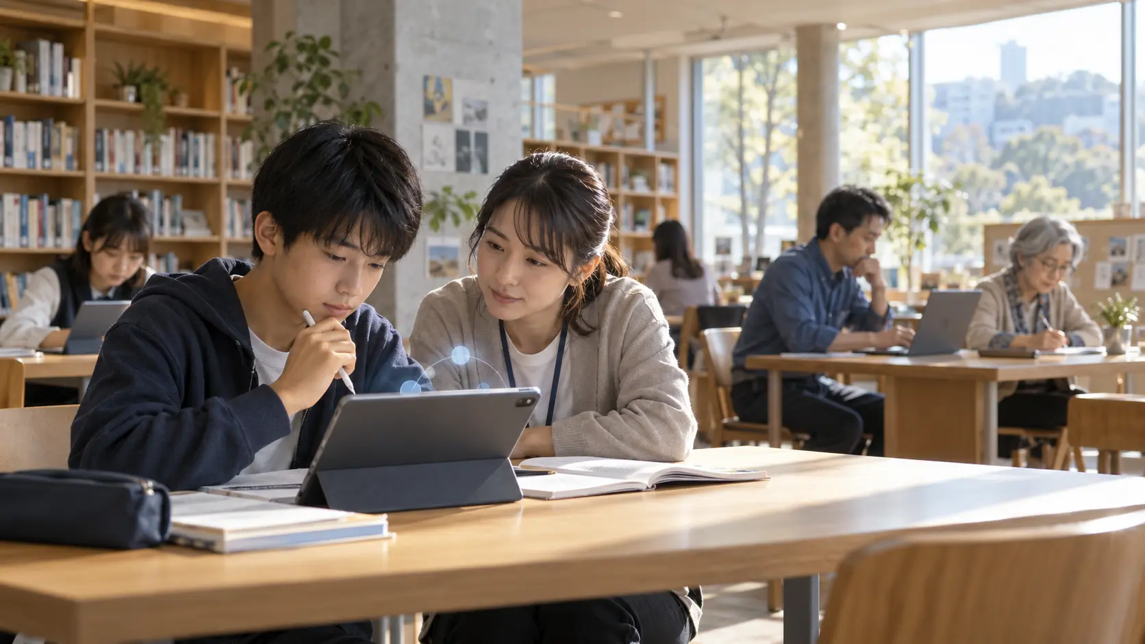 公共の学習スペースで、AIを使った個別学習に取り組む生徒を教師がそばで見守る様子