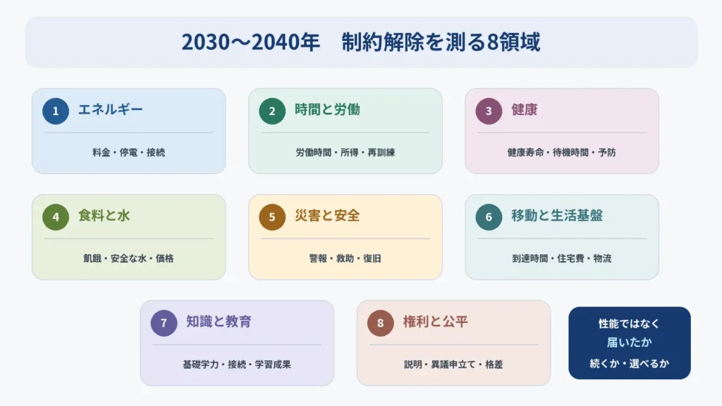 2030年から2040年の制約解除を測る、エネルギー、時間と労働、健康、食料と水、災害と安全、移動と生活基盤、知識と教育、権利と公平の8領域