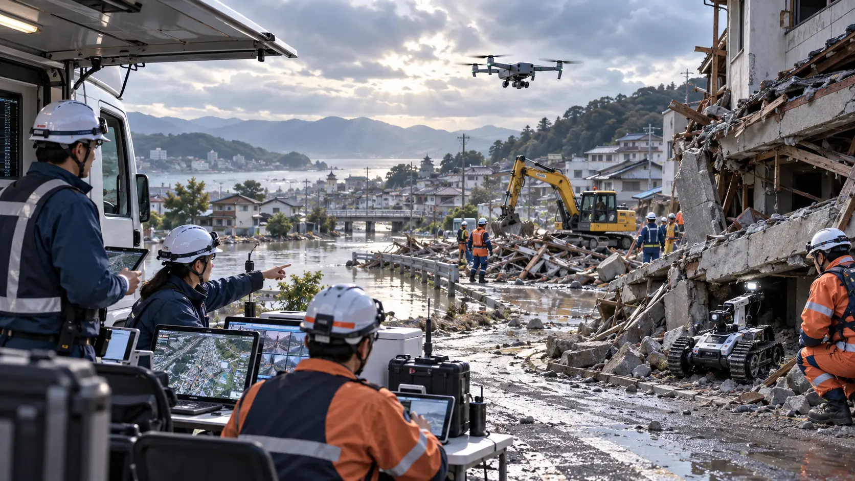 地震と浸水の被災地で救助隊、ドローン、地上ロボット、遠隔建機が連携する災害対応の様子