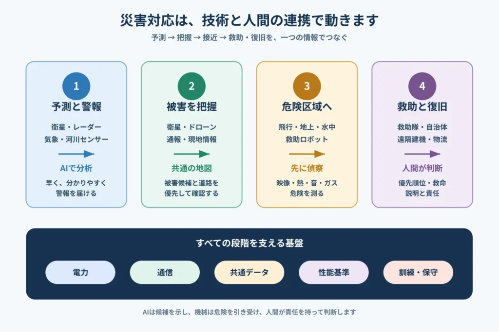 予測と警報、被害把握、危険区域への接近、救助と復旧を電力・通信・共通データ・性能基準・訓練が支える災害対応の連携図